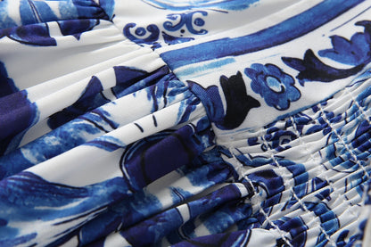 Summer Women Majolica-print Spaghetti Strap  CottonMidi Dress