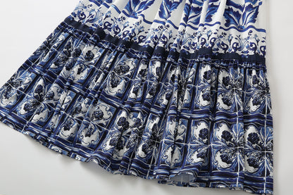 Summer Women Majolica-print Spaghetti Strap  CottonMidi Dress