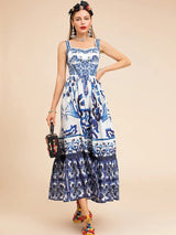 Summer Women Majolica-print Spaghetti Strap  CottonMidi Dress