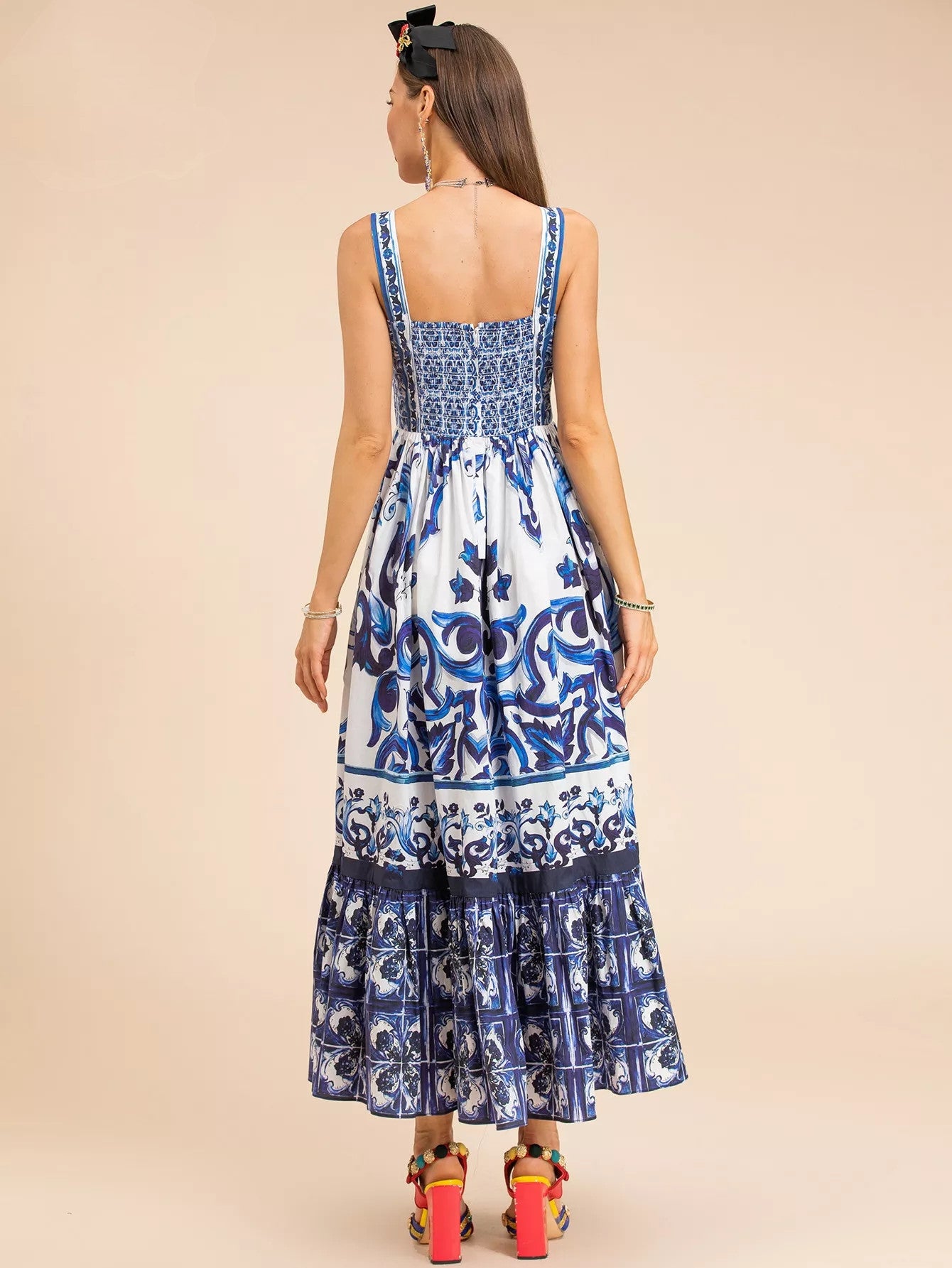 Summer Women Majolica-print Spaghetti Strap  CottonMidi Dress