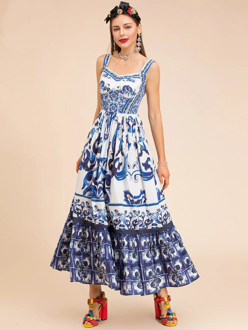 Summer Women Majolica-print Spaghetti Strap  CottonMidi Dress