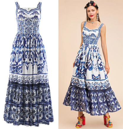 Summer Women Majolica-print Spaghetti Strap  CottonMidi Dress