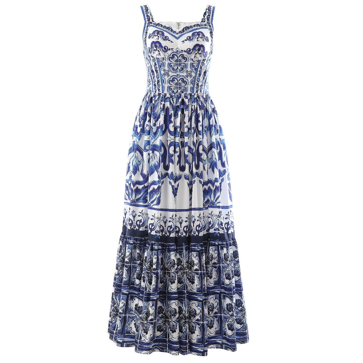 Summer Women Majolica-print Spaghetti Strap  CottonMidi Dress