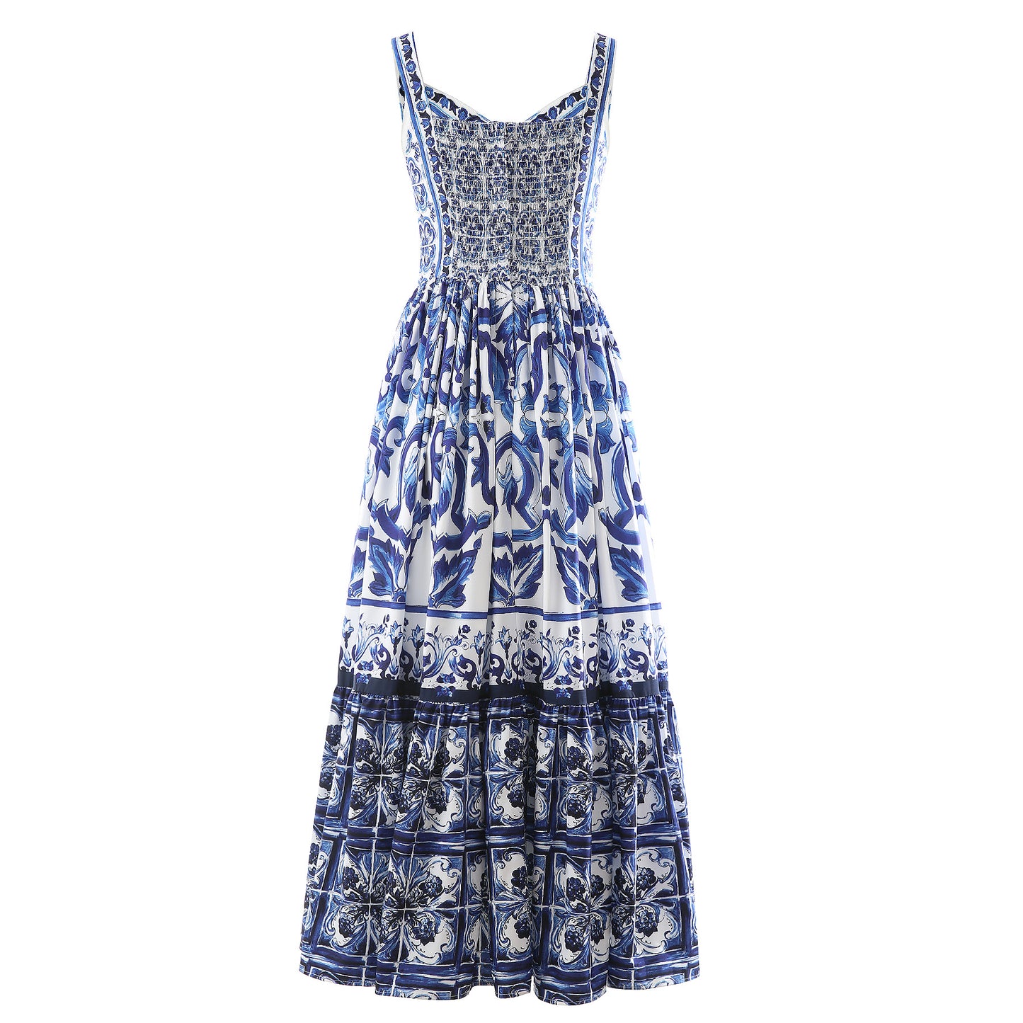 Summer Women Majolica-print Spaghetti Strap  CottonMidi Dress