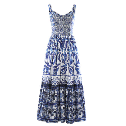 Summer Women Majolica-print Spaghetti Strap  CottonMidi Dress