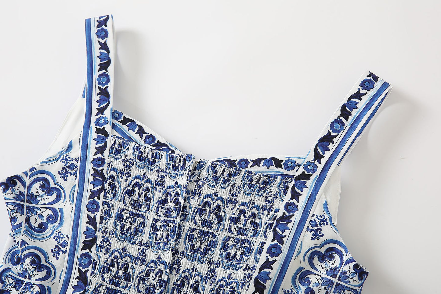 Summer Women Majolica-print Spaghetti Strap  CottonMidi Dress
