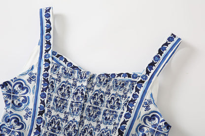 Summer Women Majolica-print Spaghetti Strap  CottonMidi Dress