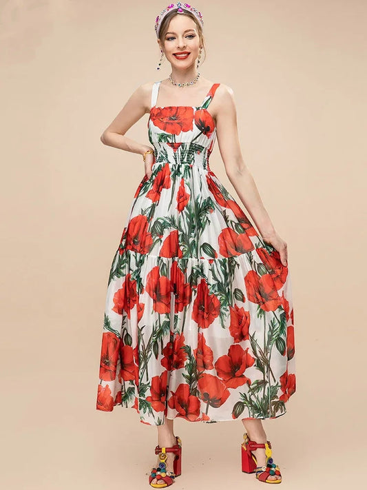 Women Summer fashion runway Elegant Spaghetti Strap Long Poppy-Print Chiffon Dress for vacation party
