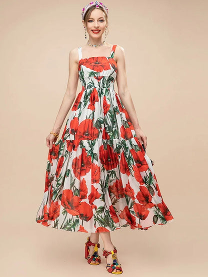 Women Summer fashion runway Elegant Spaghetti Strap Long Poppy-Print Chiffon Dress for vacation party