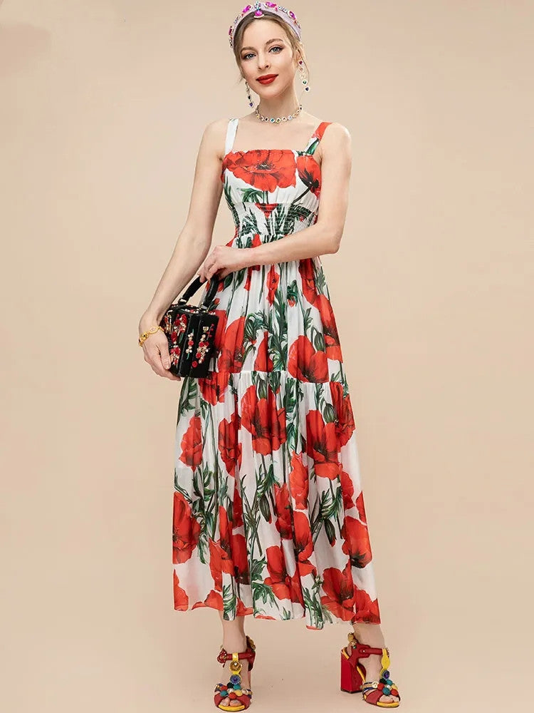 Women Summer fashion runway Elegant Spaghetti Strap Long Poppy-Print Chiffon Dress for vacation party