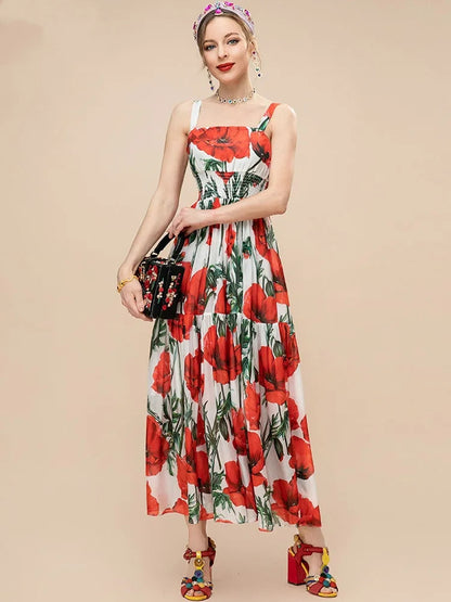 Women Summer fashion runway Elegant Spaghetti Strap Long Poppy-Print Chiffon Dress for vacation party