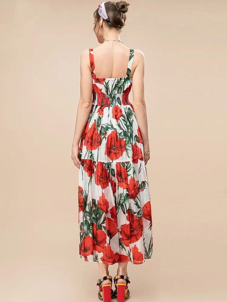 Women Summer fashion runway Elegant Spaghetti Strap Long Poppy-Print Chiffon Dress for vacation party