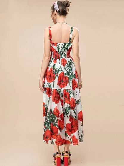 Women Summer fashion runway Elegant Spaghetti Strap Long Poppy-Print Chiffon Dress for vacation party