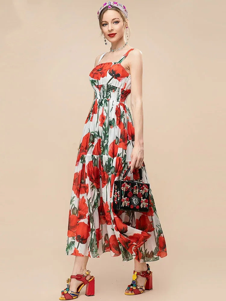 Women Summer fashion runway Elegant Spaghetti Strap Long Poppy-Print Chiffon Dress for vacation party