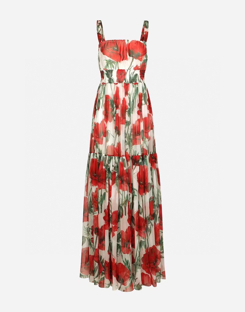 Women Summer fashion runway Elegant Spaghetti Strap Long Poppy-Print Chiffon Dress for vacation party
