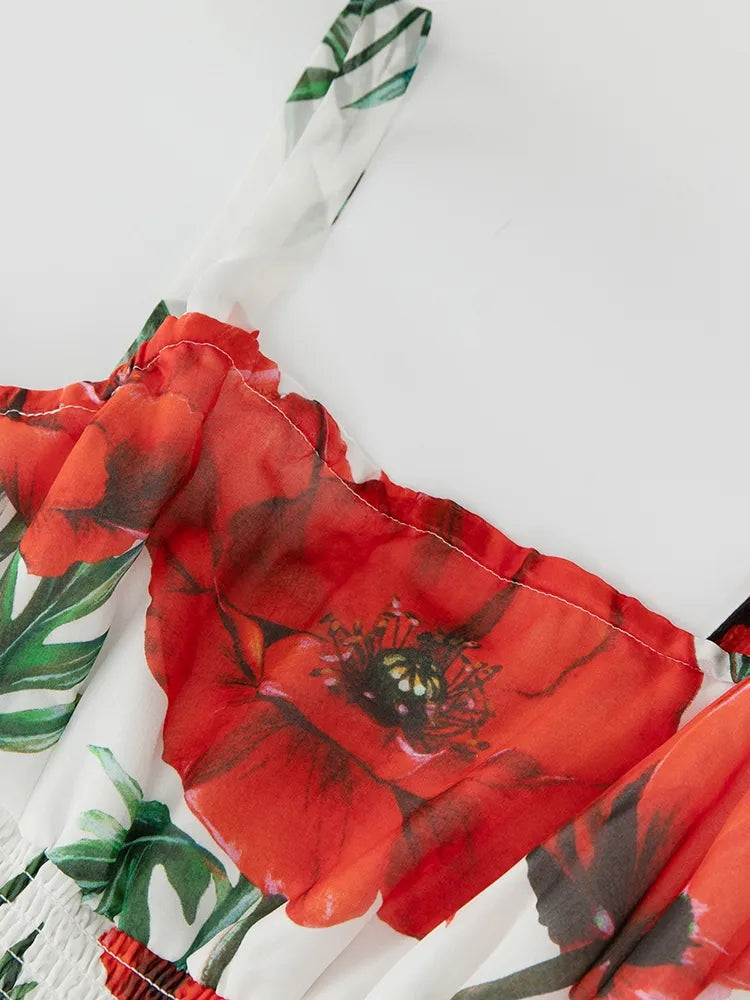 Women Summer fashion runway Elegant Spaghetti Strap Long Poppy-Print Chiffon Dress for vacation party