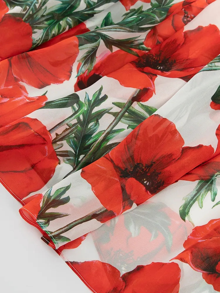 Women Summer fashion runway Elegant Spaghetti Strap Long Poppy-Print Chiffon Dress for vacation party