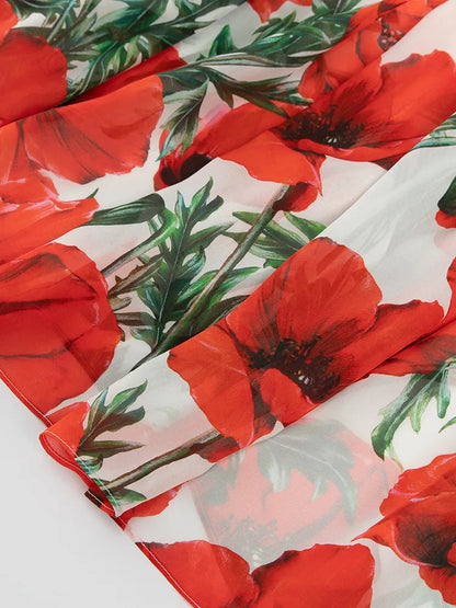 Women Summer fashion runway Elegant Spaghetti Strap Long Poppy-Print Chiffon Dress for vacation party