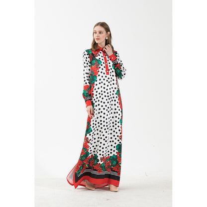 White & Black Floral “Polka Dot“ Printed Maxi Shirt Kaftan Dress