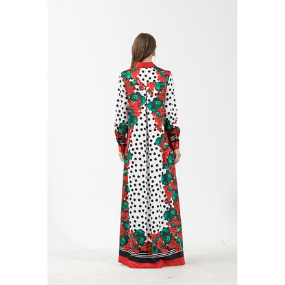 White & Black Floral “Polka Dot“ Printed Maxi Shirt Kaftan Dress