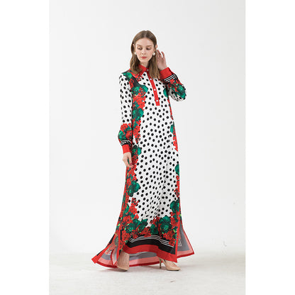 White & Black Floral “Polka Dot“ Printed Maxi Shirt Kaftan Dress