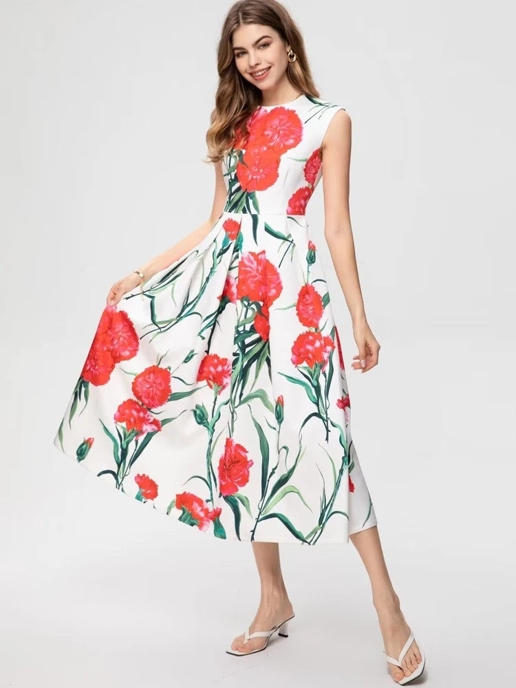 Stylish Women Carnation Printed Midi Dress for Summer