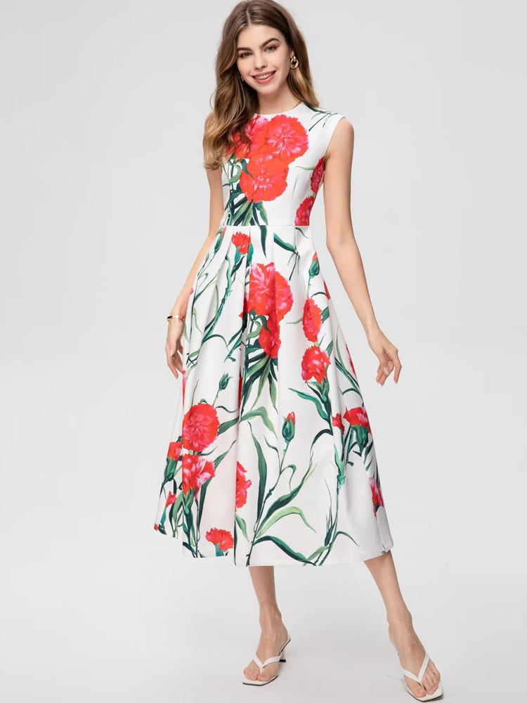 Stylish Women Carnation Printed Midi Dress for Summer