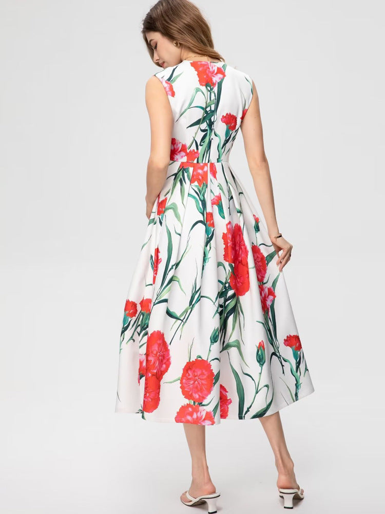 Stylish Women Carnation Printed Midi Dress for Summer