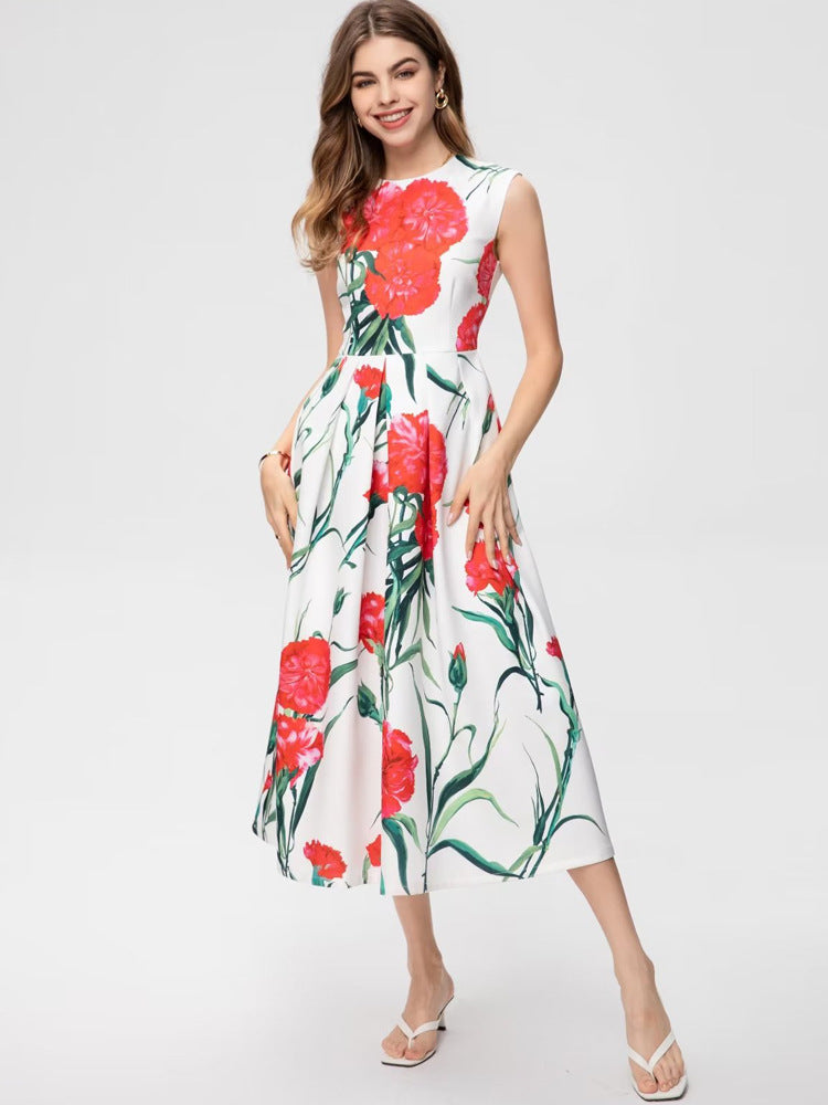 Stylish Women Carnation Printed Midi Dress for Summer