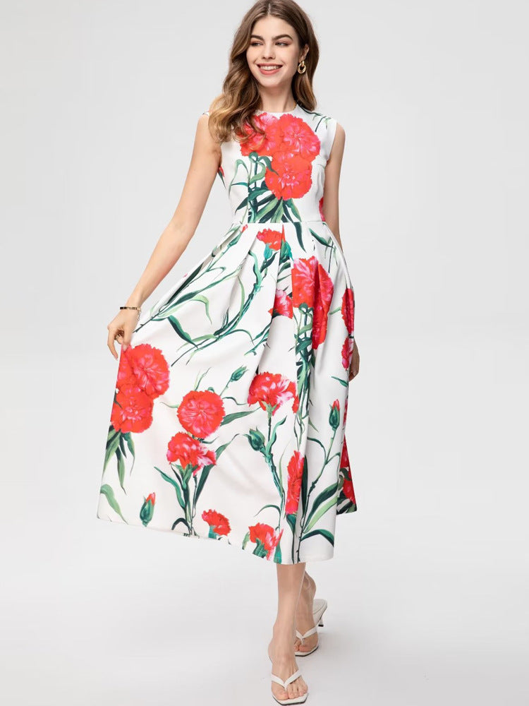 Stylish Women Carnation Printed Midi Dress for Summer