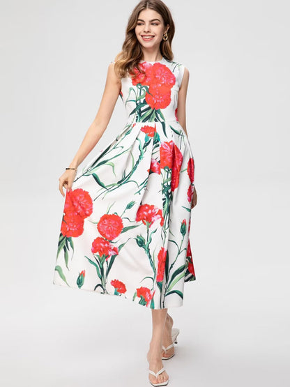 Stylish Women Carnation Printed Midi Dress for Summer