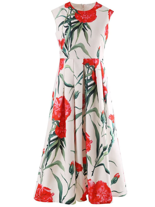 Stylish Women Carnation Printed Midi Dress for Summer