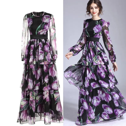 Women Designer Floral Print Luxury Ruffles Layered Purple Maxi Long Sleeve Dress Party Dinner Fashion Dresses 2023