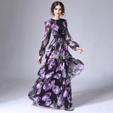 Women Designer Floral Print Luxury Ruffles Layered Purple Maxi Long Sleeve Dress Party Dinner Fashion Dresses 2023