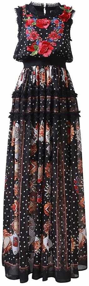 Women Floral Appliques Printed Mesh-Ruffled-Trim Maxi Dress