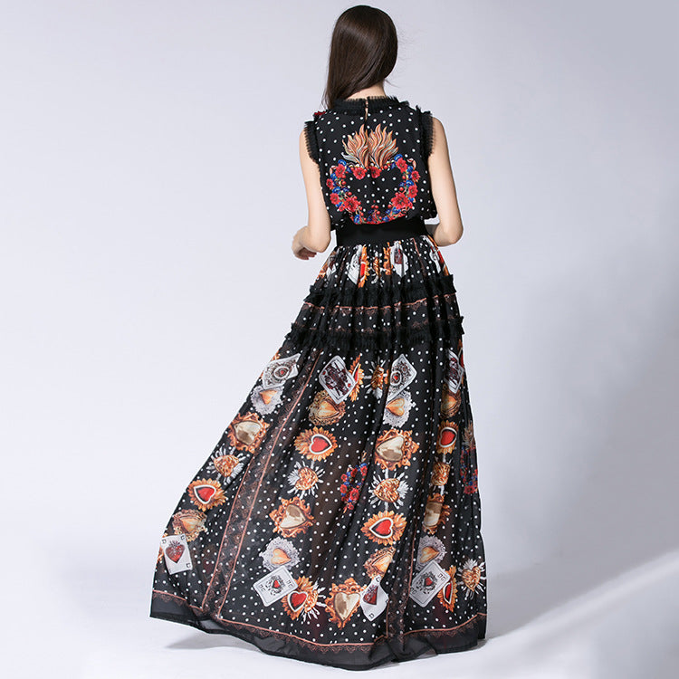 Women Floral Appliques Printed Mesh-Ruffled-Trim Maxi Dress