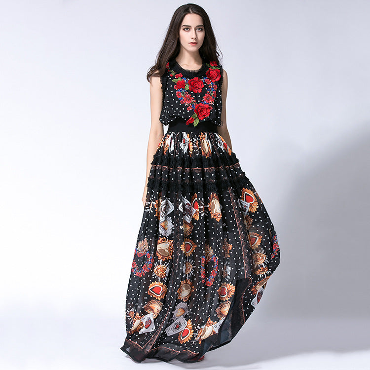 Women Floral Appliques Printed Mesh-Ruffled-Trim Maxi Dress