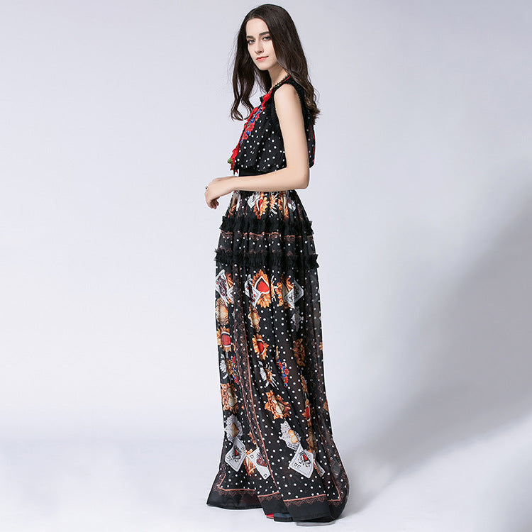 Women Floral Appliques Printed Mesh-Ruffled-Trim Maxi Dress