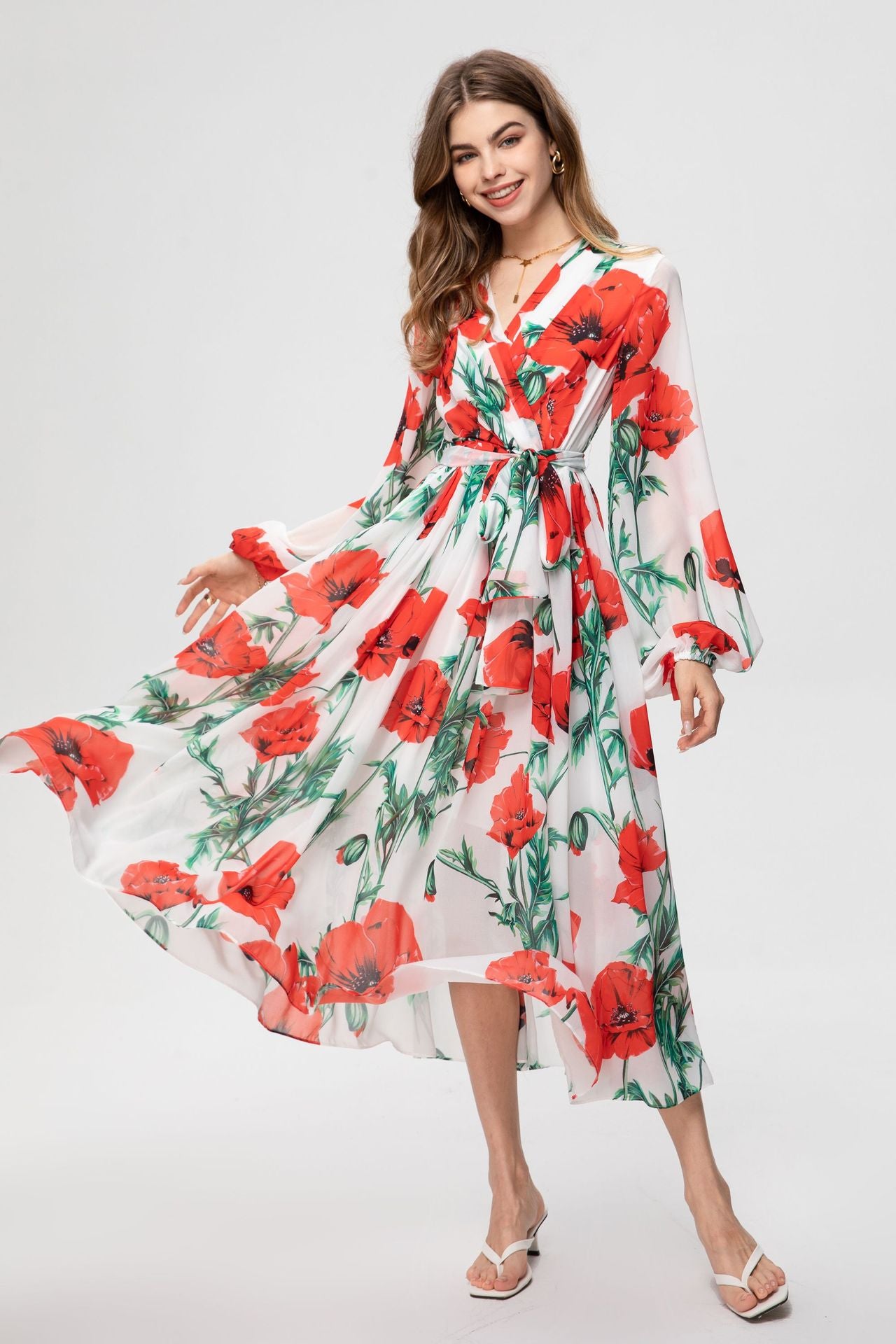 Women Poppy Print Calf Length Midi Dress