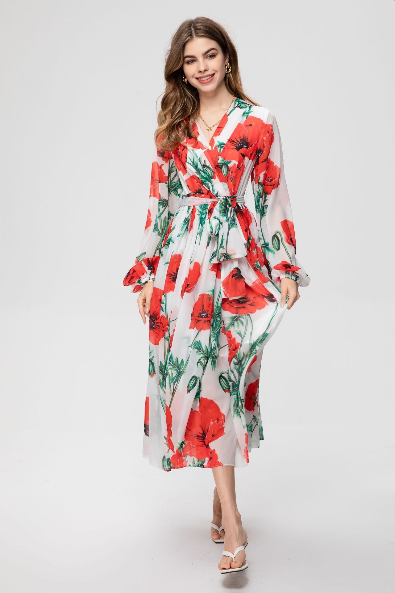 Women Poppy Print Calf Length Midi Dress