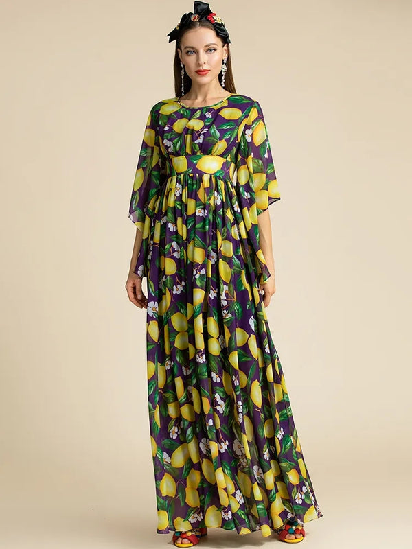 Women fashion Lemon Print Chiffon Backless Maxi Dress with Butterfly Sleeve for Summer vacation party from Designer Inspired Runway Fashion