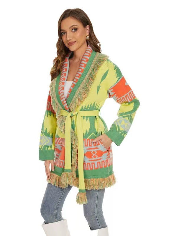 Fashion Bohemian/BOHO Stylish Multicolour Icon Knitted Belted Cardigan
