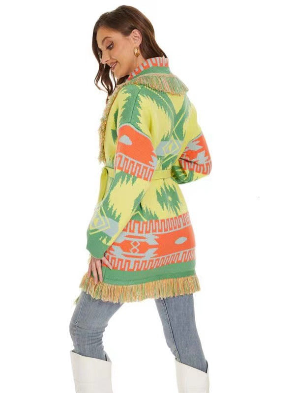 Fashion Bohemian/BOHO Stylish Multicolour Icon Knitted Belted Cardigan