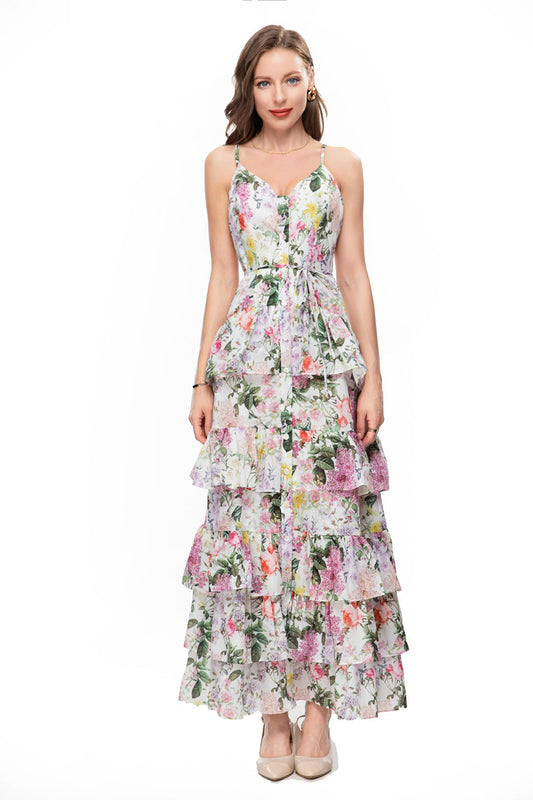 Retro Print Single-Breasted Cami Dress