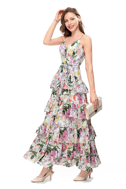 Retro Print Single-Breasted Cami Dress