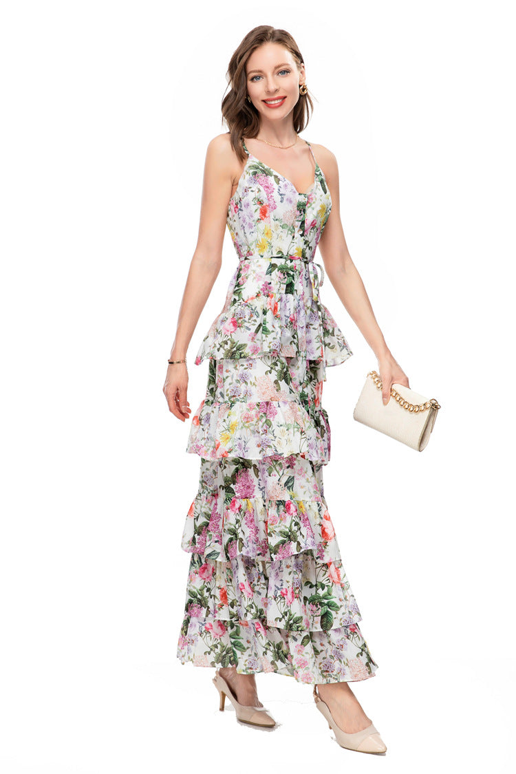 Retro Print Single-Breasted Cami Dress