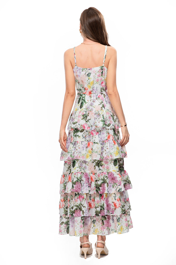Retro Print Single-Breasted Cami Dress