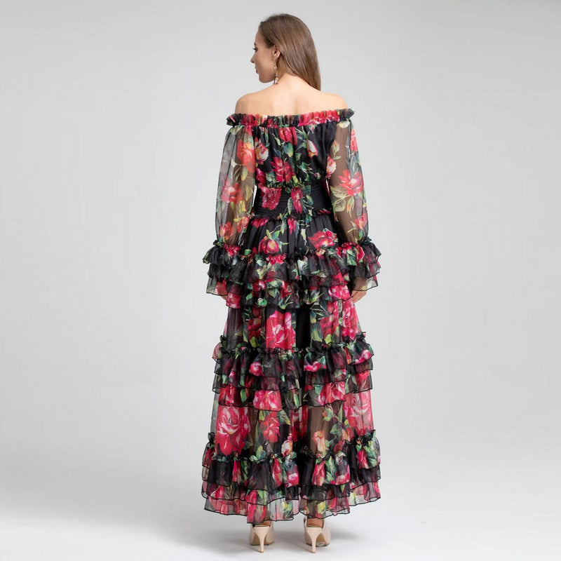 Runway Fashion Women Off Shoulder Floral Print Maxi Dress Luxury Party Elegant Long Summer Dresses 2023