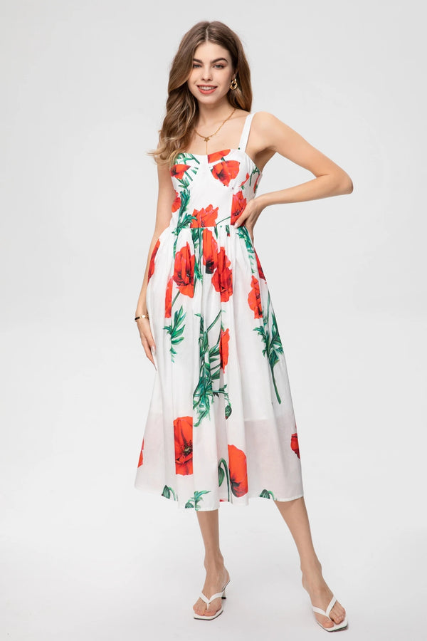 Summer Women Sexy Spaghetti Strap Carnation-Printed Midi Dress Vacation Party Elegant Dress from designer inspired runway fashion