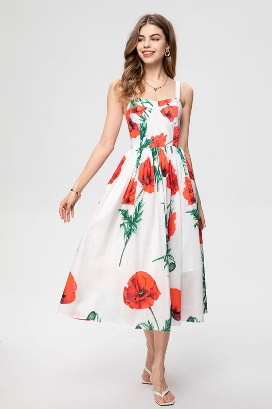 Summer Women Sexy Spaghetti Strap Carnation-Printed Midi Dress Vacation Party Elegant Dress from designer inspired runway fashion